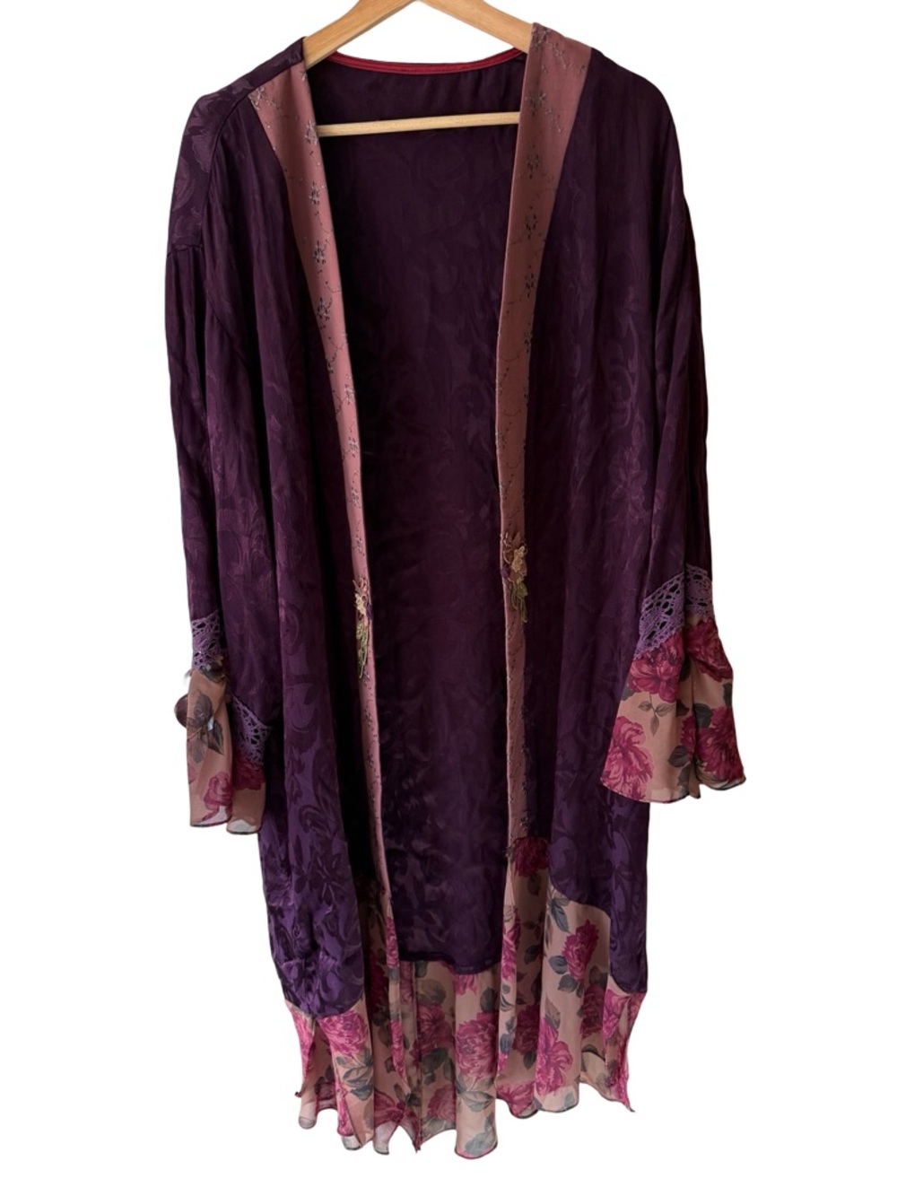 Delicate Floral-Trim Purple Kimono Robe